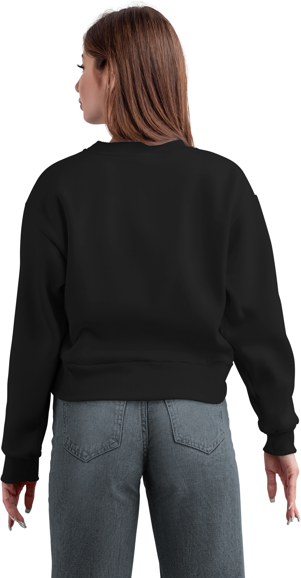 Mockup of a black crop sweatshirt on the body, png, canvas bella, back